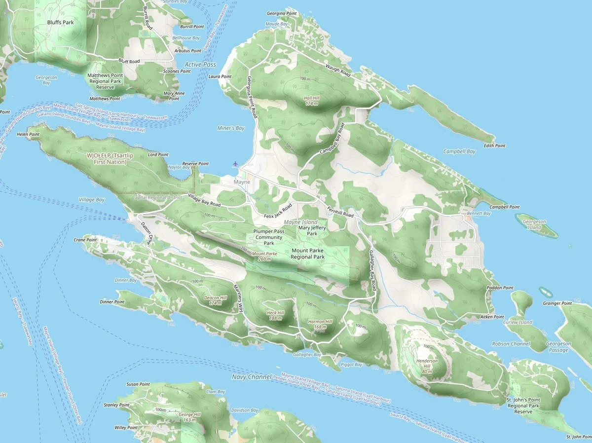 Map of Mayne Island showing roads, bays, and local landmarks.
