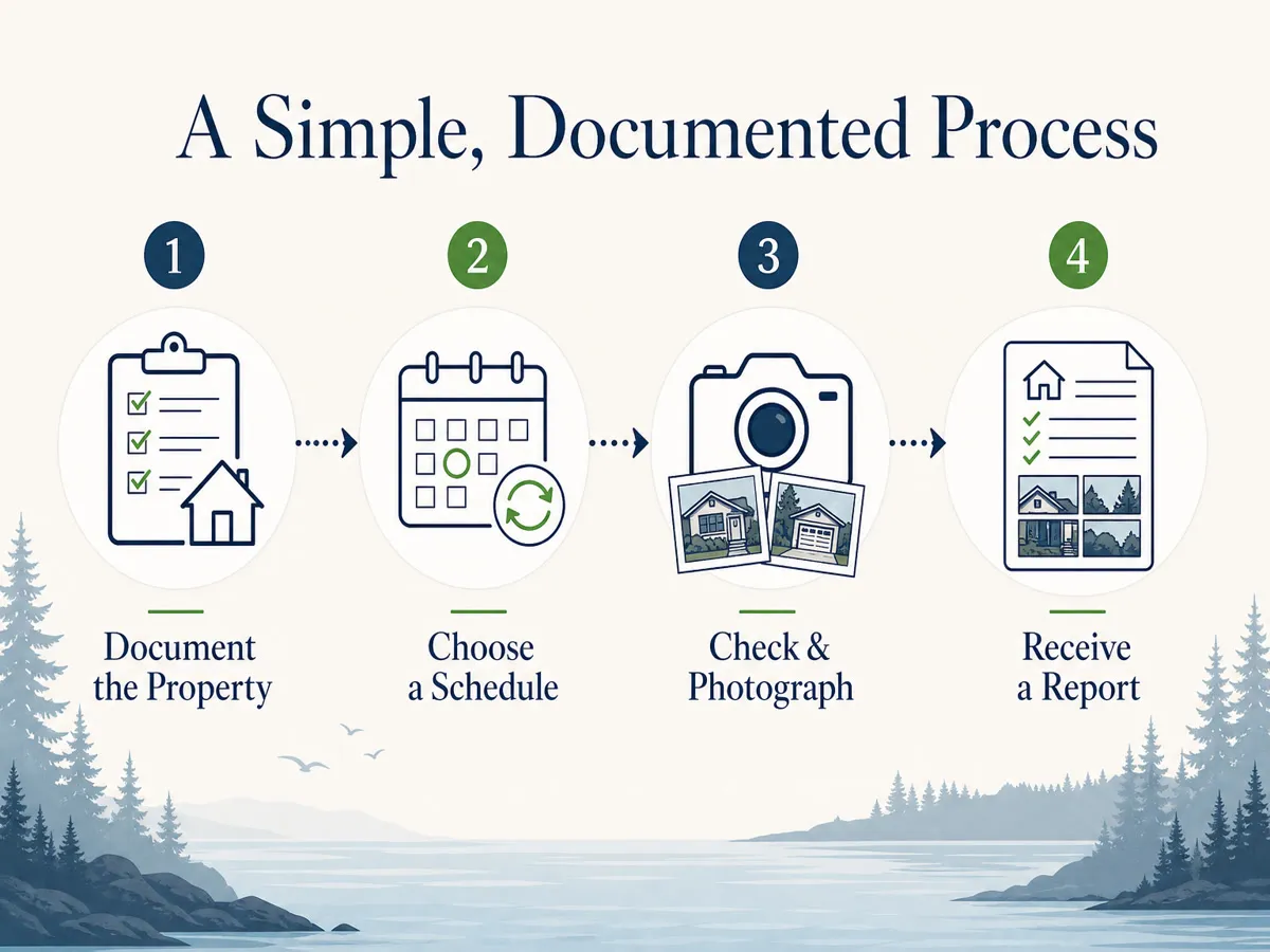 Infographic of the four-step home watch process: document the property, choose a schedule, check and photograph, and receive a report.