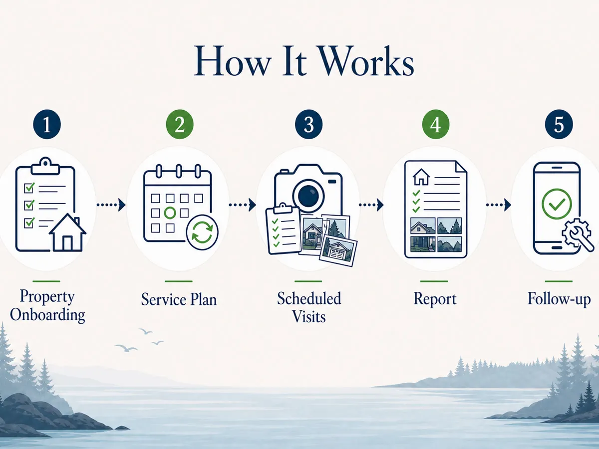 Infographic of the five-step home watch process: property onboarding, service plan, scheduled visits, report, and follow-up.